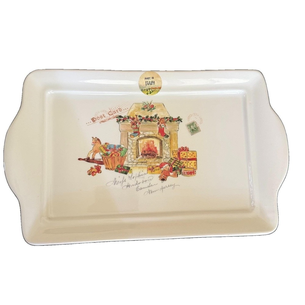 Valori Home Italy Christmas Ceramic Serving Tray Fireplace Santa 12x7 Platter